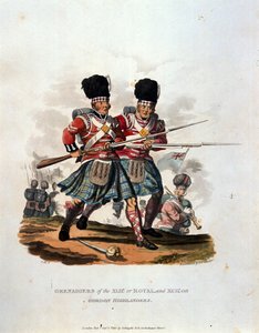 Grenadjärer från 42nd (eller Royal) och 141st eller Gordon Highlanders, från "Costumes of the Army of the British Empire, according to the last regulations 1812", graverad av J.C. Stadler, utgiven av Co. av Charles Hamilton Smith