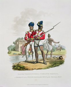 Infödda trupper i Ostindiska kompaniets tjänst: en sergeant och en privat grenadjär Sepoy från Bengalarmén, graverad av Joseph Constantine Stadler, 1815 (akvatint)