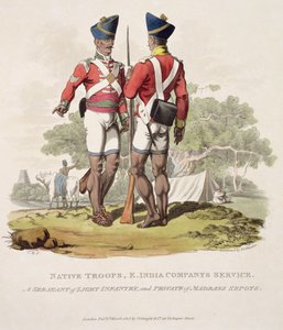 Infödda trupper i Ostindiska kompaniets tjänst: en sergeant för lätt infanteri och en menig från Madras Sepoys, graverad av Joseph Constantine Stadler, 1815 (akvatint)