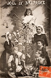 Gammalt vykort/God Jul/De kloka barnen/Bretagne/Frankrike av Augustus Kollner