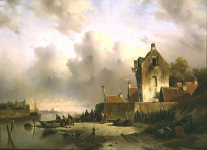 En mynning med fiskare vid en kaj av Charles Henri Joseph Lieckert