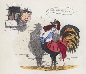 Pojke väckt av en hane som galar (färgad gravyr)