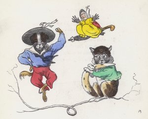 Dame Trottypeg och hennes katt och hund (färgad gravyr) av Charles Henry (after) Bennett