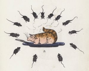 Frossande katt på en tallrik omgiven av hungriga möss (färgad gravyr) av Charles Henry (after) Bennett