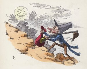 Man som klättrar på en kulle för att skjuta på månen (färgad gravyr) av Charles Henry (after) Bennett