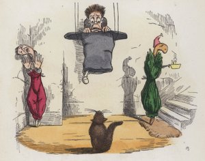 Man som hänger i taket i hatten för att han är rädd för en katt (färgad gravyr) av Charles Henry (after) Bennett