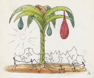 Stickmän som dansar runt ett träd (färgad gravyr)