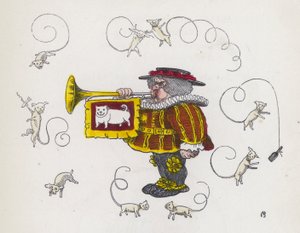 Stadsropare som blåser i trumpet, omgiven av hundar med lockigt svans (färgad gravyr)