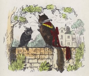 Två katter på en trädgårdsvägg (färgad gravyr) av Charles Henry (after) Bennett