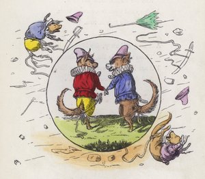 Två hundar i Tudor-dräkt ut på en promenad en blåsig dag med sina berättelser sammanbundna för att förhindra att de blåses bort (färgad gravyr) av Charles Henry (after) Bennett