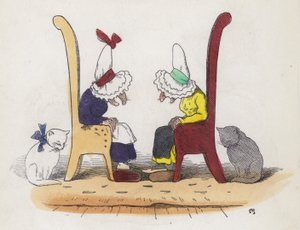 Två gamla fruar pratar och somnar sedan (färgad gravyr) av Charles Henry (after) Bennett