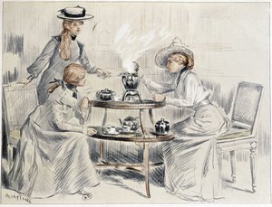 Damer som tar te runt en liten samovar - teckning av Henri Tenré, ca. 1910