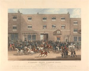 Steeple-chasing [set om sex]: St. Albans Grand Steeple Chase. / 8 mars 1832. Plåt 1. Förbereder för start ... av Charles Hunt
