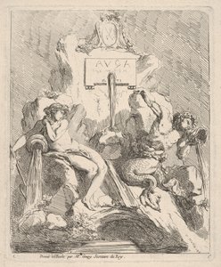 Design för en fontän med en sittande nymf till vänster och triton som håller ett skal mot munnen ..., 1768. av Charles Hutin