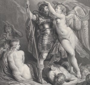 Hjälte krönt av Victory, som sätter en lagerkrans på hans huvud, Venus och Amor vid..., ca. 1735-61. av Charles Hutin