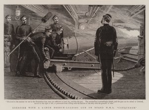 Träna med en 6-tums Breech-Loading Gun ombord på HMS Conqueror av Charles J. Staniland