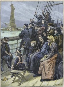 Judiska immigranter anländer till New York, USA 1892 - Judiska flyktingar från Ryssland passerar den kolossala statyn i New Yorks hamn - gravyr av Charles Joseph STANILAND- "" Ankomst av judiska emigranter till New York 1892, illustration av Charles Joseph
