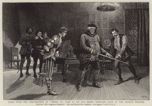 Scen från föreställningen av Henry IV, del I, av Irving Dramatic Club på Lyceum Theatre. av Charles J. Staniland