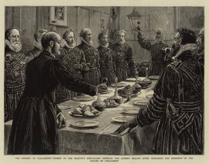 Öppnandet av parlamentet, Yeomen av Hennes Majestäts kroppsvakt dricker drottningens hälsa efter att ha genomsökt källaren i parlamentets hus av Charles J. Staniland