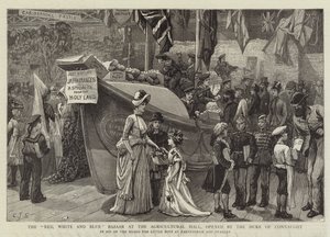 Den röda, vita och blå basaren vid jordbrukshallen, öppnad av hertigen av Connaught av Charles J. Staniland