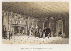 Entréhall, East Sutton Place, Kent, säte för Sir Edmund Filmer (färg litho)