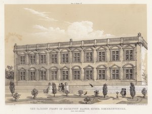 Trädgårdsfronten på Brympton Manor House, Somersetshire, Inigo Jones, arkitekt (färg litho)