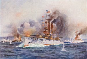 Förintelsen av den spanska flottan utanför Santiagos hamn (färglitografi)