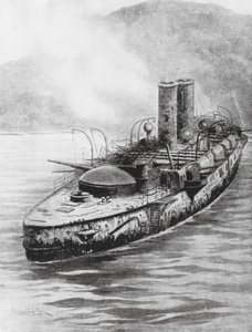 Den spanska pansarkryssaren Oquendo efter sjöstriden 1898 (litografi) av Charles John de (after) Lacy
