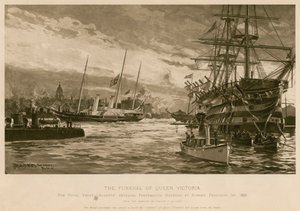 Drottning Victorias begravning. Royal Yacht Alberta, som bär drottningens kropp, går in i Portsmouths hamn vid solnedgången