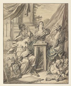 Fine Arts personifierad av tre kvinnor engagerade i att fira deras spaning för Ludvig XV, 1753 (bläck, krita & wc på papper)