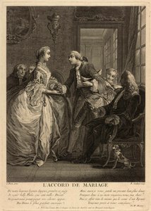 Äktenskapsavtalet. En ung man lägger en handväska i händerna på en ung kvinna, under ögonen på berörda personer, notarier och föräldrar. Arbete av Charles Eisen (1720-1778), gravyr