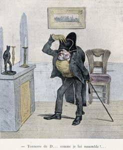 Thunder of D... som jag ser ut som honom!... Tecknad Travies från 1800-talet som föreställer en man som jämför sig med en statyett av Napoleon.