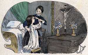 Korsets tecken. i "" All religious eignement - I believe in gods"", sd., illustration från sent 1800-tal av Jouvenot. Katekes bibliotek. Paris. Leemage samling av Charles Jouvenot