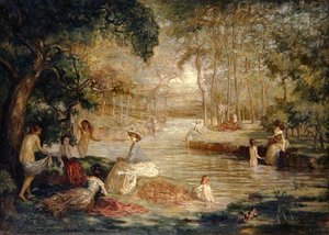 Badande: Kvinnliga badande vid en flod av Charles Julian Tharp