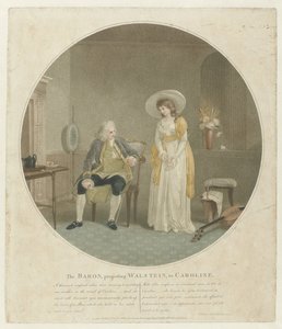Kvinna med en vit ros och en man på en stol Baronen, som friar Walstein, till Caroline (titel på objekt)