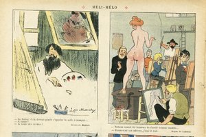 Illustration av Chas-Laborde (1886-1941) i Le Rire, 21/03/08 - Meli-Melo - Konst, undervisning, naken - Modell (som poserar)
