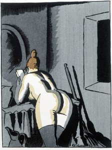 Naken kvinna, rygg, läser - i "" Le negre Leonard"" av Pierre Mac Orlan, ill. de Chas. Laborde (Charles Laborde) (1886-1941), red. av bannern