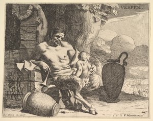Kväll: en sittande satyr spänner om sitt barn, en figur hänger en girland på en brygga bortom, f..., ca. 1640. av Charles Le Brun