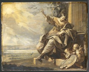 Tyska: Sittande kvinnofigur med två putti och flodlandskap, Grisaille Allegorisk kvinnofigur med två putti av Charles Le Brun