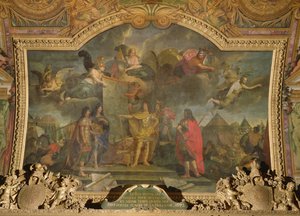 Kung Ludvig XIV (1638-1715) ger order om att samtidigt attackera fyra av de starkaste holländska positionerna 1672, takmålning från Galerie des Glaces av Charles Le Brun