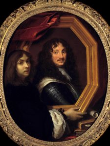 Porträtt av konstnären (eller självporträtt) som presenterar det av en militär målning av Charles Lebrun (Le Brun) (1619-1690) 1600-talets sön. 1,04x0,85 m - Porträtt av konstnären (eller självporträtt) som håller porträttet av en militär. Målning av Charl av Charles Le Brun