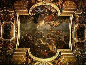 Vy över kungen som intog Maastricht på tretton dagar 1673 och passagen på Rhen i närvaro av fiender 1672, takmålning från Galerie des Glaces av Charles Le Brun