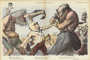 Emile Combes försöker hålla isär Camille Pelletan och Maurice Rouvier, illustration för Le Rire