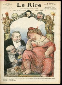 Illustration av Charles Leandre (1862-1934) för omslaget till Le Rire, 03/01/14 - Les strennes de Marianne - Tribun - Clemenceau George, Jaures Jean, Briand Aristide, Marianne, Caillaux Joseph (1863-1944) av Charles Leandre