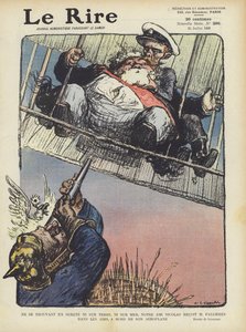 Satir som visar Frankrikes president Armand Fallieres flygande i ett flygplan med tsar Nicholas?