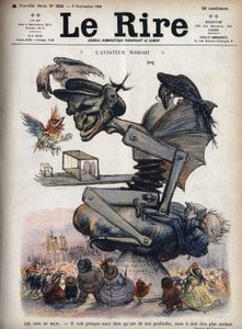 Folket i Le Mans: det flyger nästan lika bra som ett av våra fjäderfän, men det måste vara tuffare. Tecknad film av den amerikanske flygaren Wilbur Wright (1867-1912) ombord på sitt plan "Model A" i demonstration på Le Mans av Charles Leandre