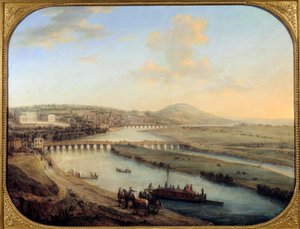 Utsikt över Seguin Island, bron över Sevres och Saint Cloud Panorama från västra Paris. Målning av Charles Grevenbroich (? -1758) 1738 Sön. 0,69x0,9m Paris, musée Carnavalet