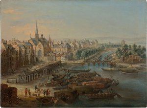 Utsikt över Arsenalen, hamnen Saint Paul och quai des Célestins i Paris, 1730-talet. av Charles Léopold van Grevenbroeck