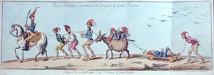 Franska volontärer som marscherar till erövringen av Storbritannien, etsat av James Gillray (1757-1815) publicerad av Hannah Humphrey 1803 (handfärgad etsning)
