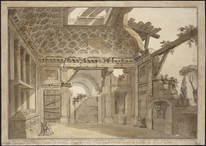 Design för målningarna i fader Lesueurs cell i klostret Santissima Trinita dei Monti i Rom - Charles Louis Clerisseau (1722-1820). Penna, pensel, grått och brunt bläck, vit färg på papper, ca 1760. Mått: 36,9x53 cm. State Hermitage, av Charles Louis Clerisseau